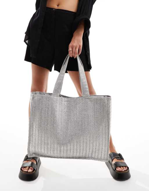 South Beach - Geweven tote tas met schouderband in metallic zilver , 2 van 4