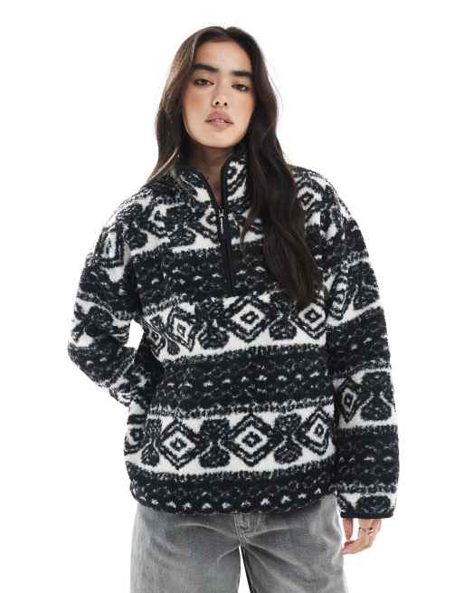 South Beach - Giacca da donna in pile borg monocromatica con zip corta e stampa