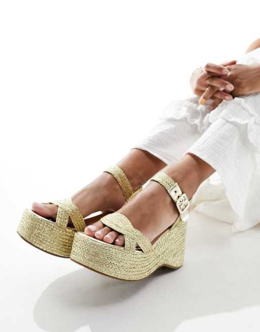 South Beach glam heeled metallic espadrille wedges in gold