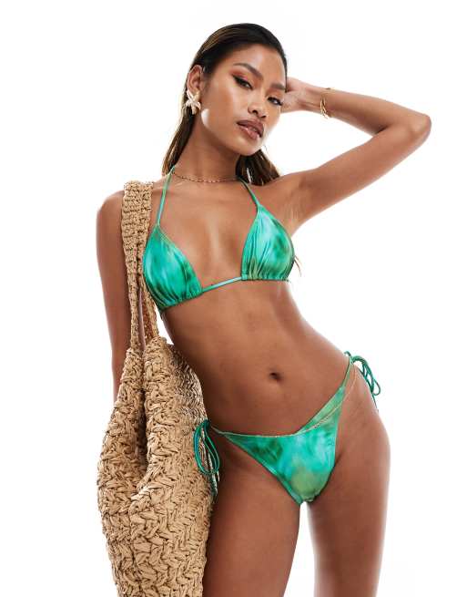 South Beach - Glanzend bikinibroekje met abstracte print en gestrikte zijkanten in groen