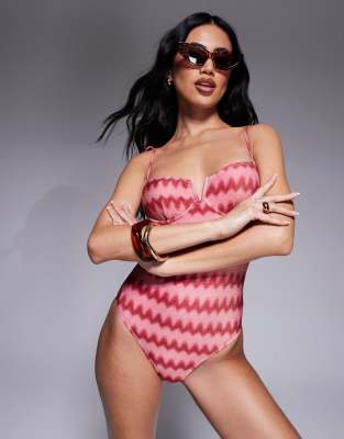 glitter chevron print underwire swimsuit in pink