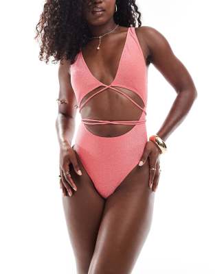 South Beach glitter cut out wrap front swimsuit in watermelon-Pink