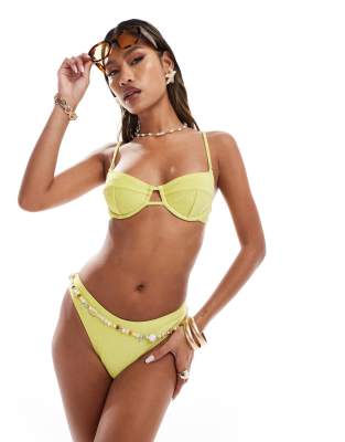 South Beach glitter high leg bikini bottom in chartreuse-Green