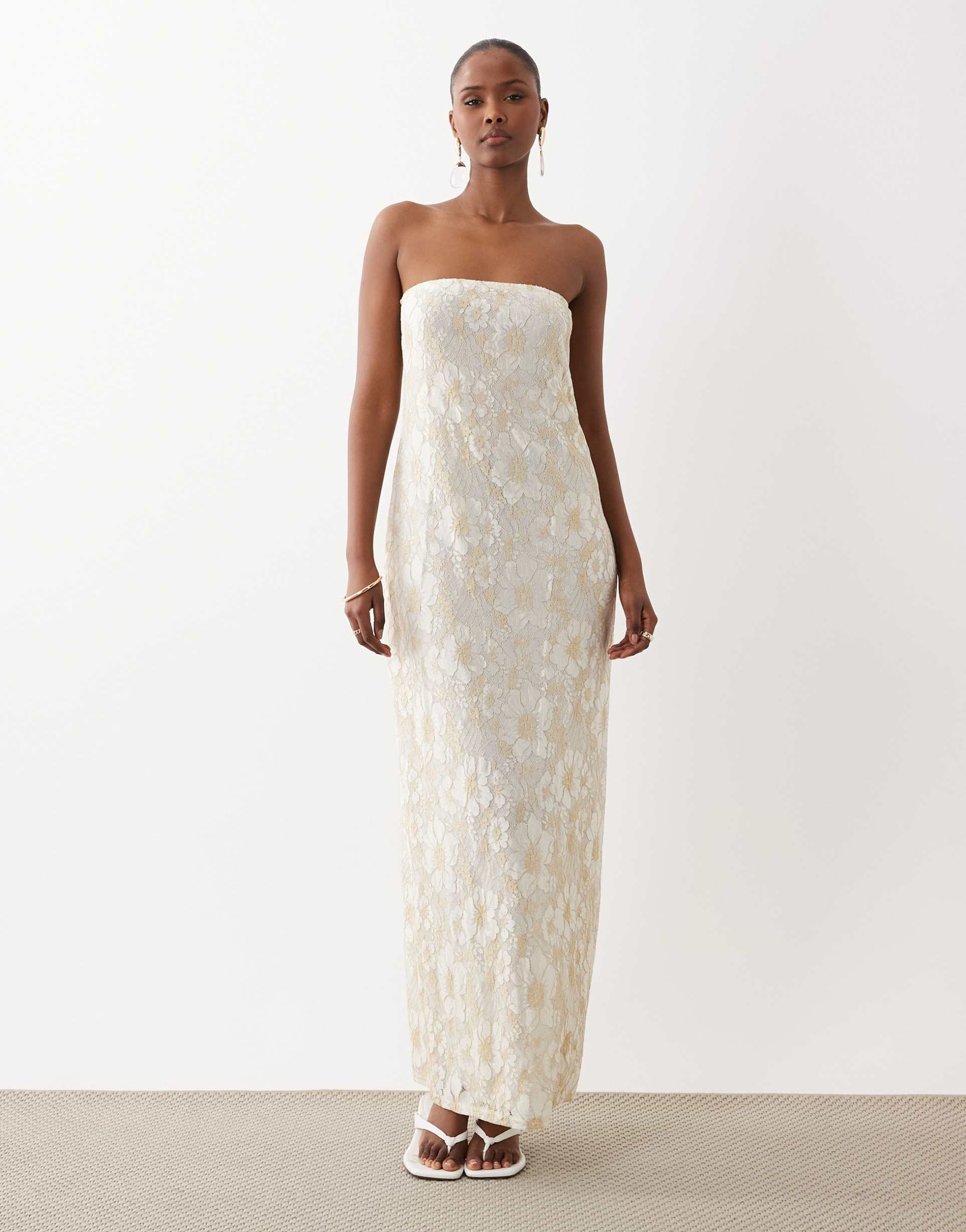 south beach glitter lace bandeau maxi dress in white