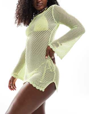 glitter mini crochet beach dress in chartreuse-Green