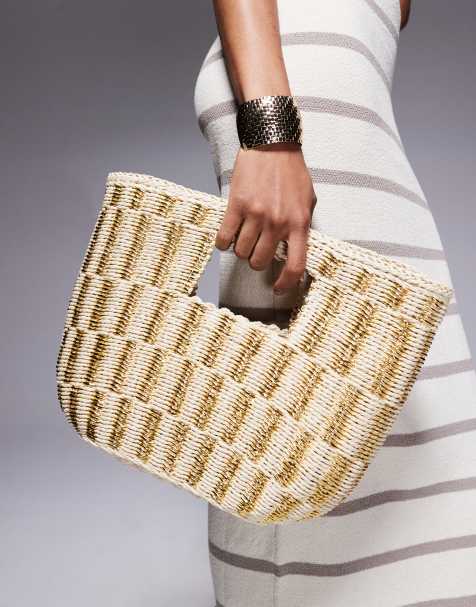 South Beach glitter straw look bucket bag in beige and gold - view 1