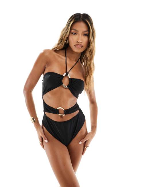 South Beach gold buckle cut out front halter swimsuit in black