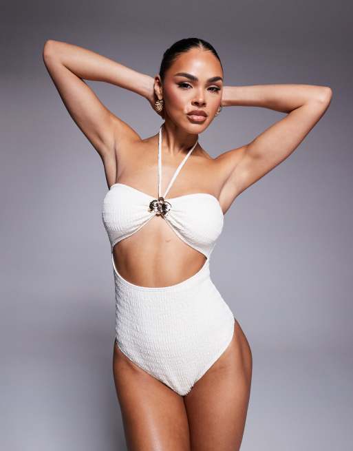 South Beach gold flower detail crinkle swimsuit in cream, 3 of 4