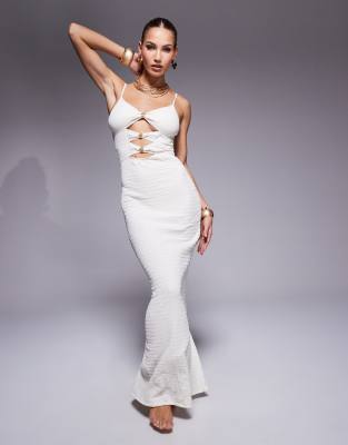 gold hardware cut out maxi textured beach dress in cream-White