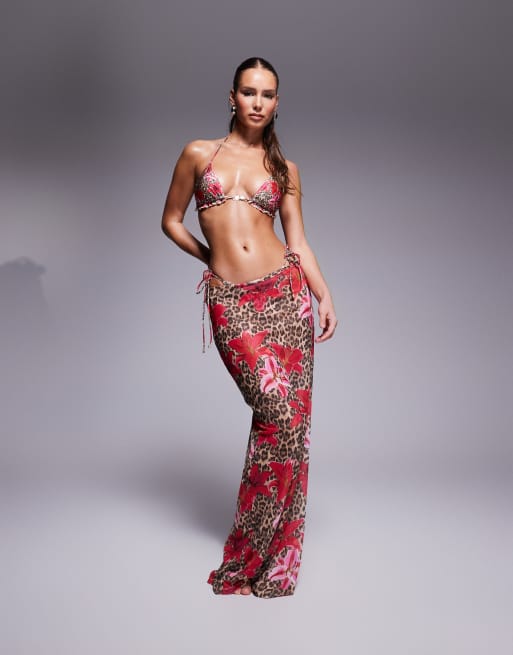 South Beach - Gonna lunga da spiaggia in rete con stampa leopardata a fiori multicolore