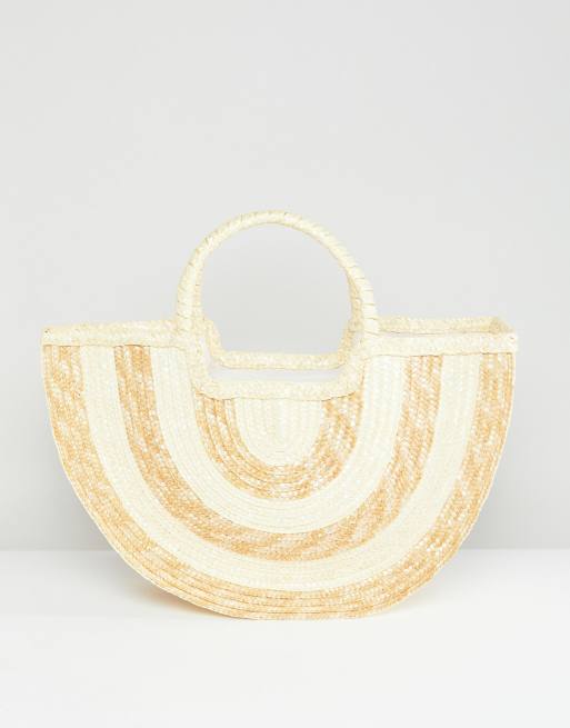 White and Beige Strips Designer Straw Bag