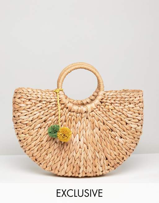 South Beach Half Moon Structured Straw Bag With Pom