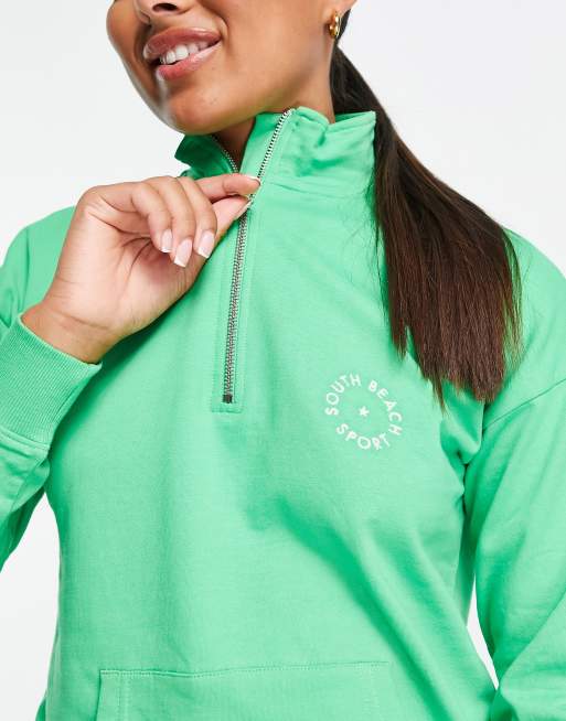 South Beach half zip crop sweat in green 