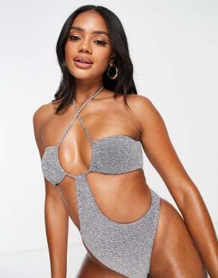 South Beach halter cut out swimsuit in silver