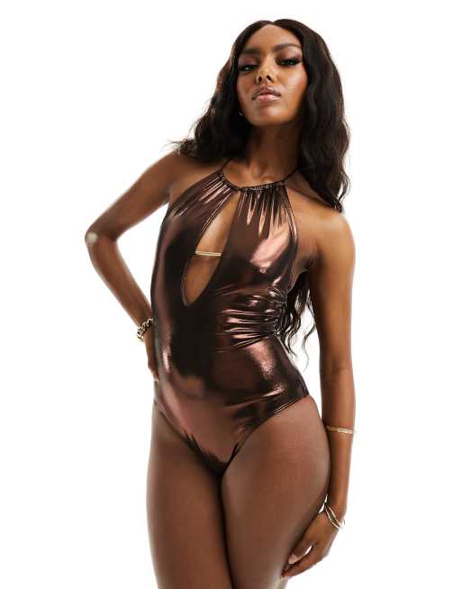 South Beach halter swimsuit in brown metallic