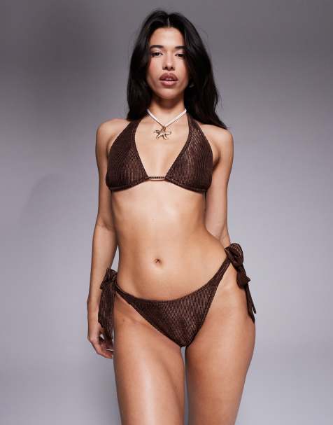 South Beach halterneck bikini top in brown - view 1