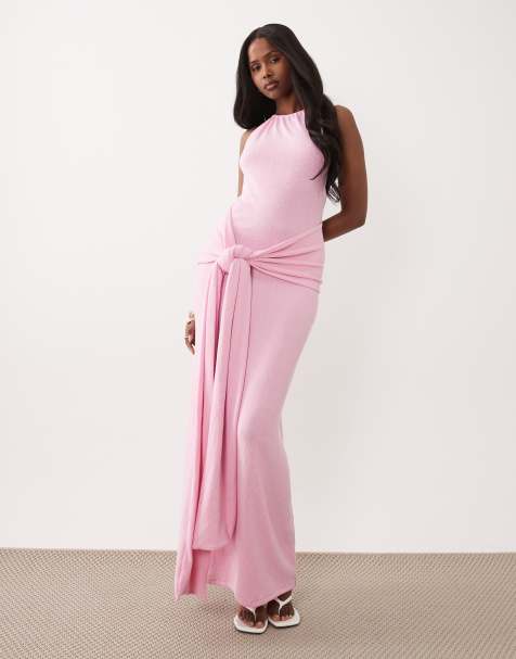 South Beach halterneck maxi dress with wrap waist in baby pink - view 1