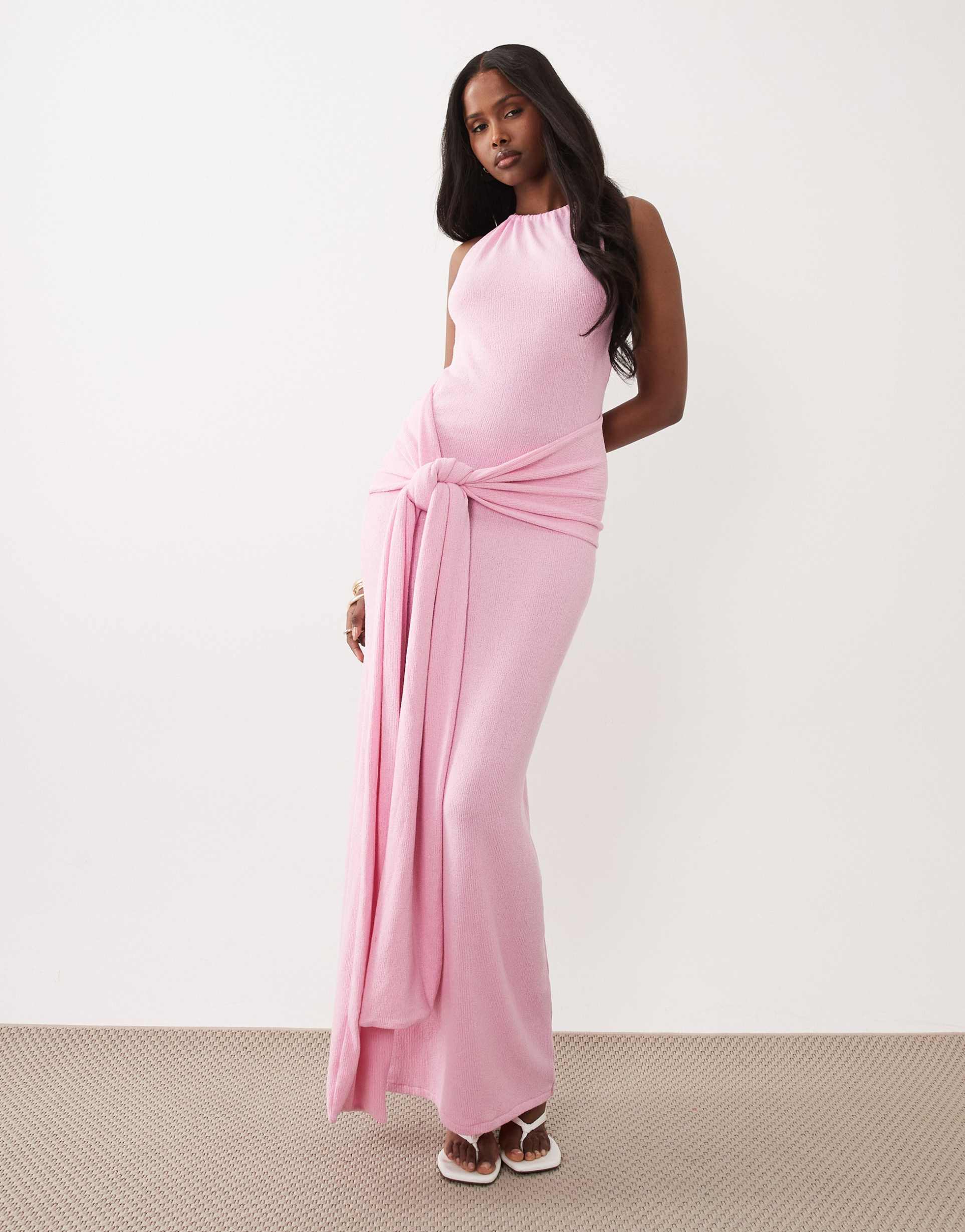 south beach halterneck maxi dress with wrap waist in baby pink