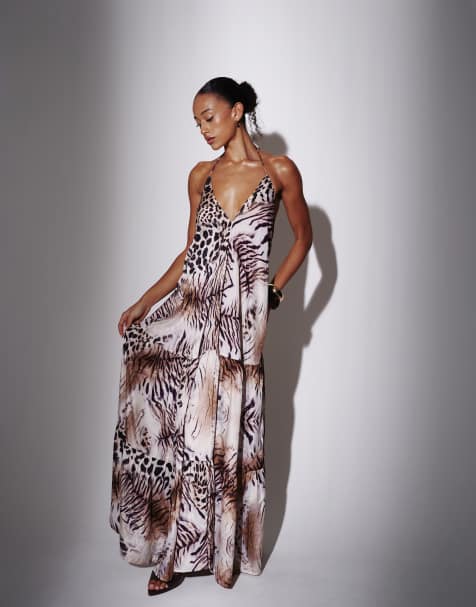 South Beach Halterneck tiered maxi dress in animal - view 1