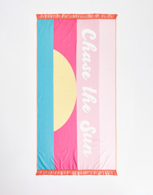 South Beach - Håndklæde med lyserøde striber og 'Chase the Sun'-print