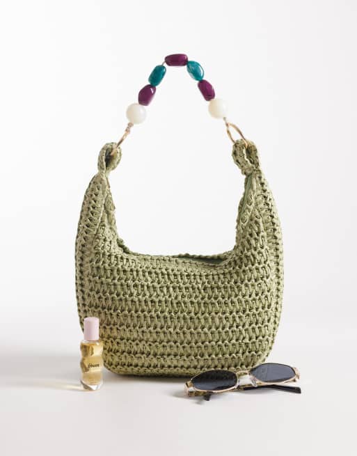 South Beach - Handtas van stro met handvat van hars met kralen in groen, 2 van 4
