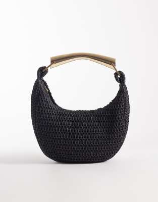 South Beach - Handtasche aus Stroh in Schwarz mit goldfarbenem Henkel