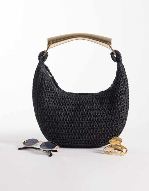 South Beach – Handtasche aus Stroh in Schwarz mit goldfarbenem Henkel , 2 von 4
