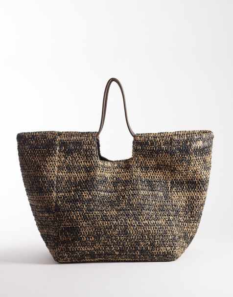 South Beach heather effect straw shoulder tote bag in neutral - view 1