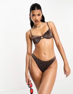 South Beach High Leg Bikini Bottom In Dark Brown Metallic In Brown