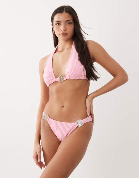 South Beach high leg bikini bottom with hardware detail in pink - view 1