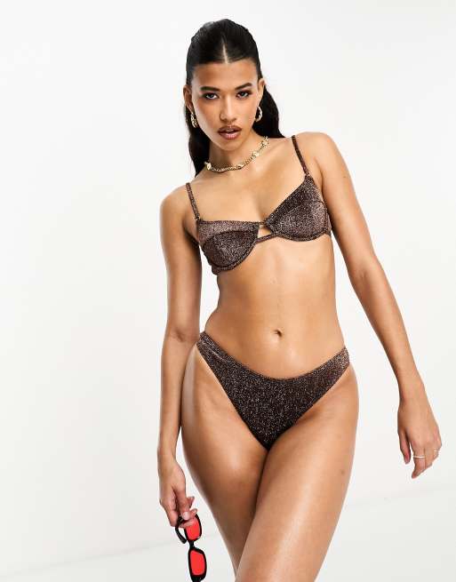 South Beach high leg bikini bottoms in dark brown metallic