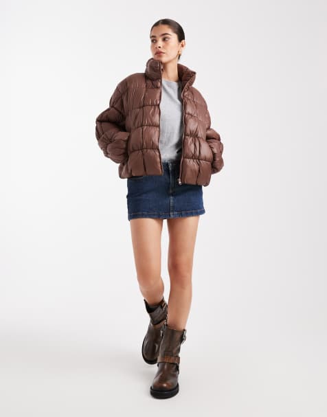 South Beach high shine quilted jacket with ruched sleeve detail in brown 