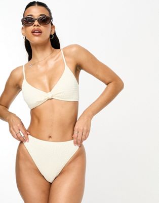 South Beach high waist high leg bikini bottom in cream scrunch-White