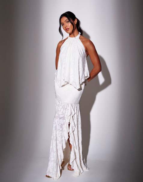 South Beach High waisted ruffle front split maxi skirt in cream - view 1