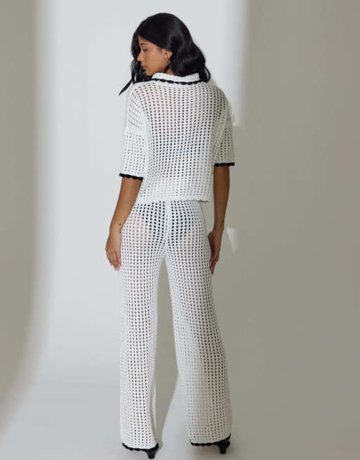 South Beach – Hose aus Häkelstrick in Weiß mit weitem Bein und Bündchendetail, 3 von 4