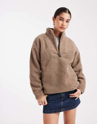 South Beach - Jacke aus Teddystoff in Taupe mit kurzem Reißverschluss-Neutral