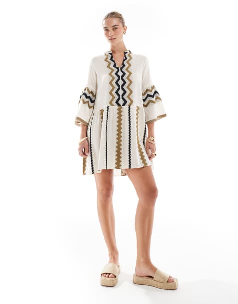 South Beach Jacquard drop hem tiered mini dress in khaki - view 1