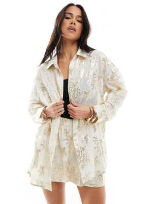 South Beach - Jacquard-Hemd mit Metallic-Seesternmuster in Gold-Goldfarben