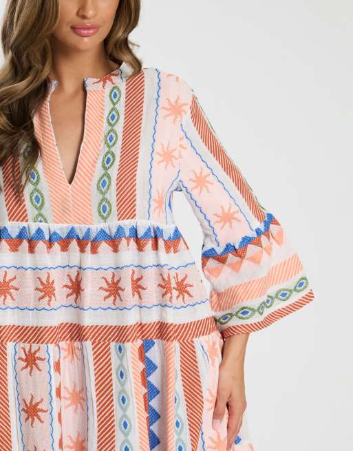 South Beach - Jacquard mini jurk met 3/4 mouwen en stroken in multi, 2 van 4
