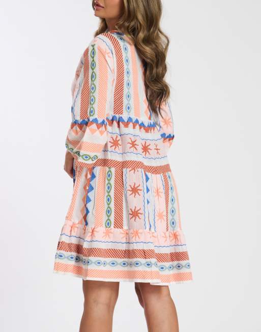 South Beach - Jacquard mini jurk met 3/4 mouwen en stroken in multi, 3 van 4