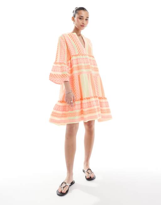 South Beach - Jacquard mini-jurk met stroken in neon