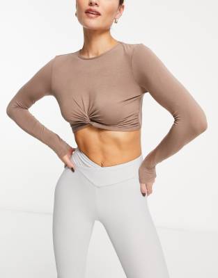 South Beach jersey twist front long sleeve top in taupe-Brown