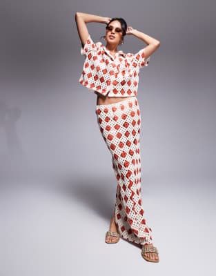 South Beach - Jupe de plage longue au crochet - Crème et rouille-Blanc