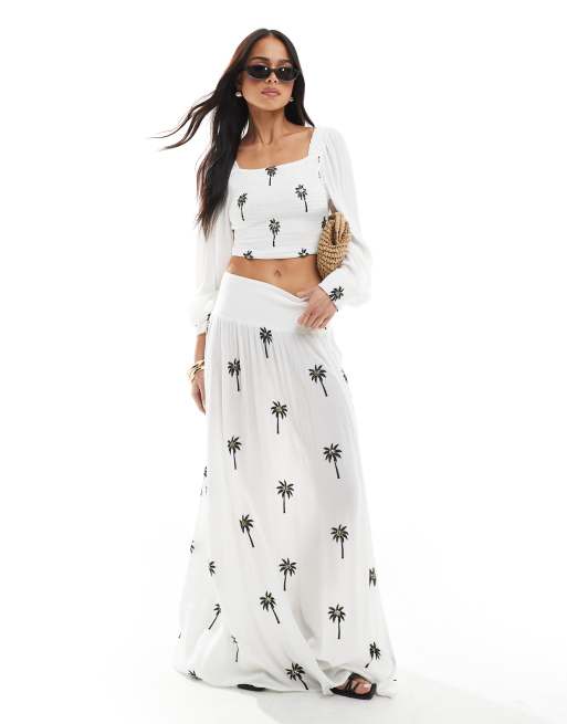South Beach - Jupe longue à taille smockée avec broderies - Blanc