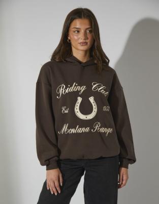 South Beach - Kapuzenpullover in Braun mit „Riding Club"-Grafikmotiv-Brown