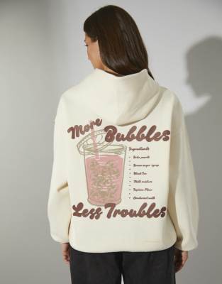 South Beach - Kapuzenpullover in Creme mit „Bubble Tea"-Grafikmotiv-Weiß