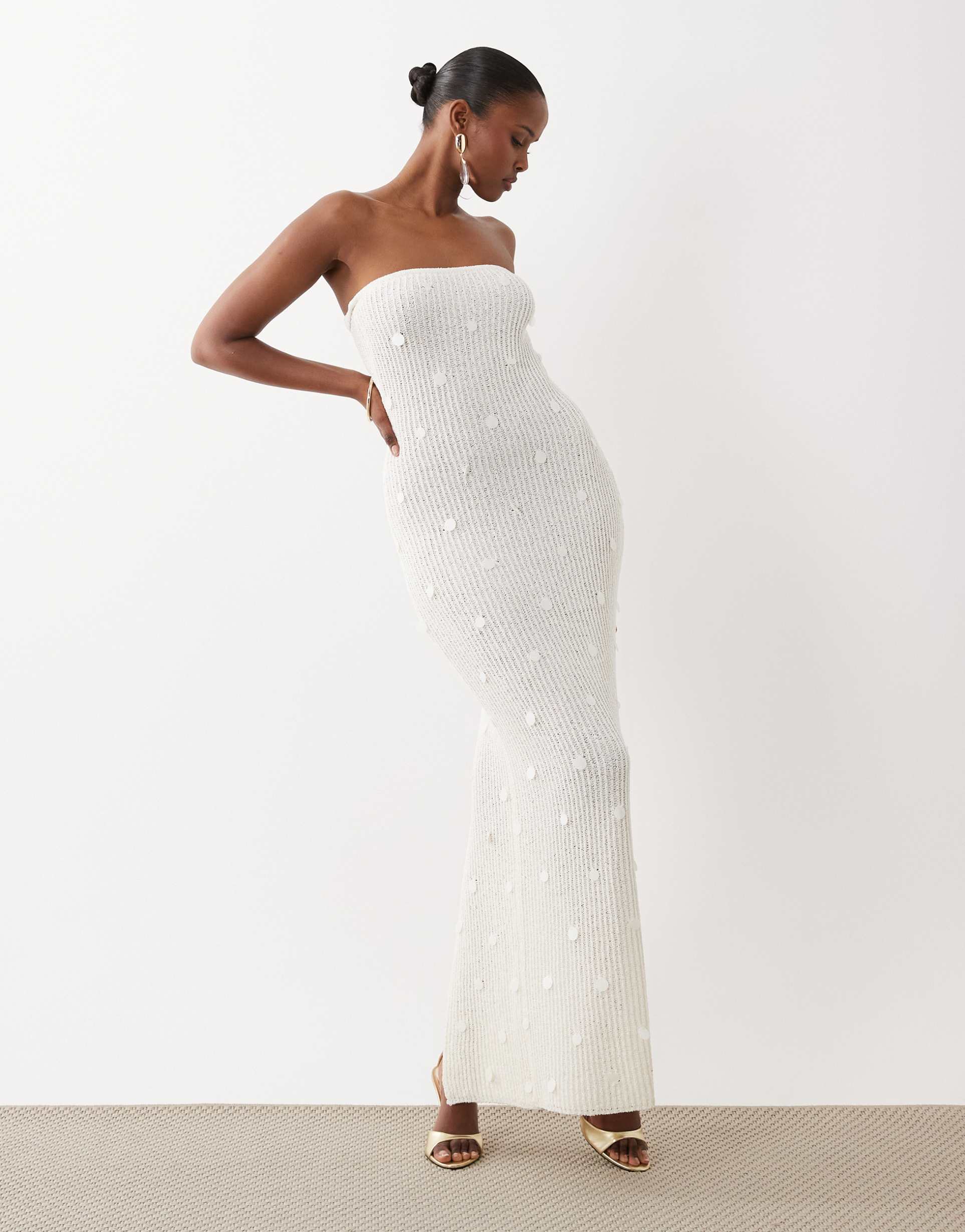 south beach knit bandeau maxi dress with sequin detail in white