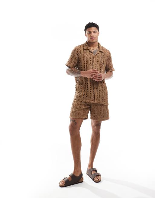 South Beach knit beach shirt co-ord in brown, 2 of 4