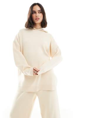 South Beach Knit rib hem hoodie in cream-White
