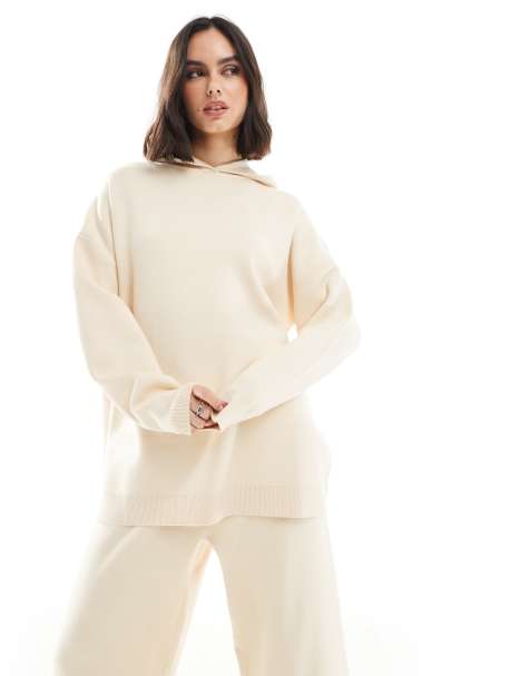 South Beach Knit rib hem hoodie in cream
